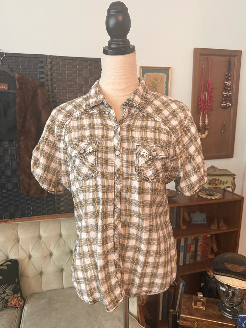 🏍️ Harley-Davidson Plaid Snap Button Women's Shirt Large Winged Back Logo Sz L - Picture 2 of 15